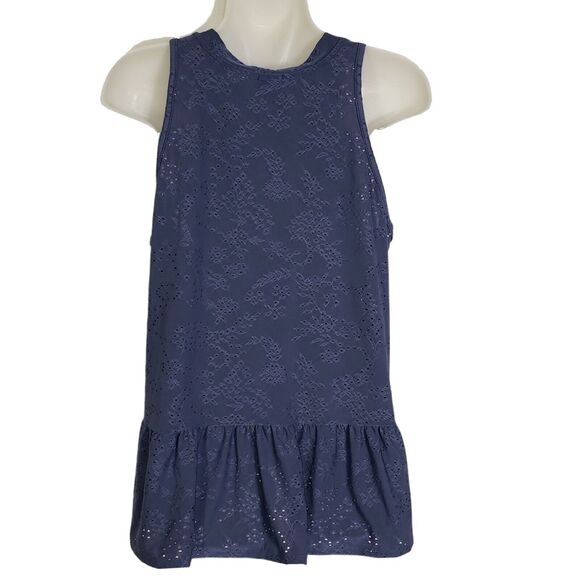 W5 Womens Top Small Blue Knit Eyelet Peplum Hem Crew Neck Sleeveless Loose Fit - Picture 2 of 8